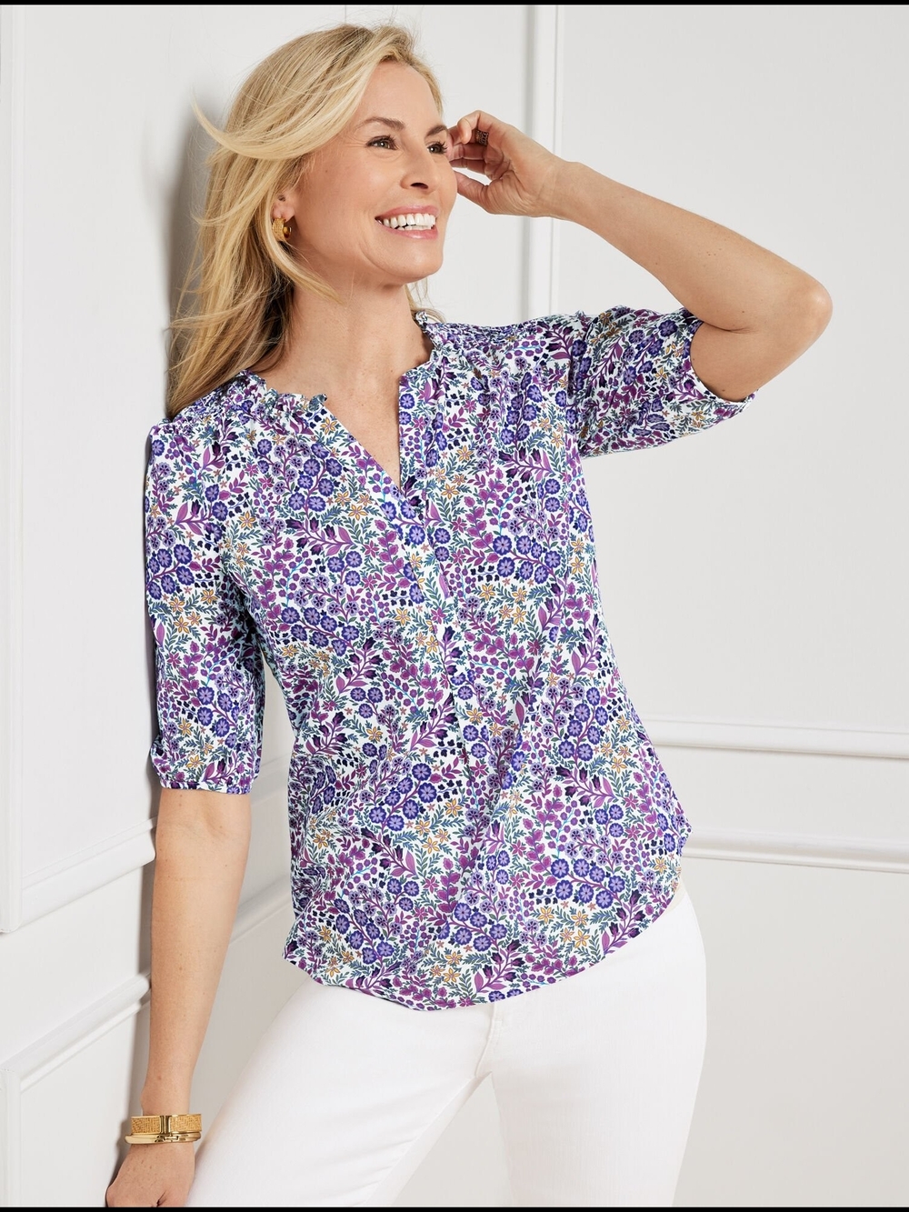 Talbots Plus Winding Ditsy Floral Split-Neck Elbow Sleeve Cotton Popover Blouse
